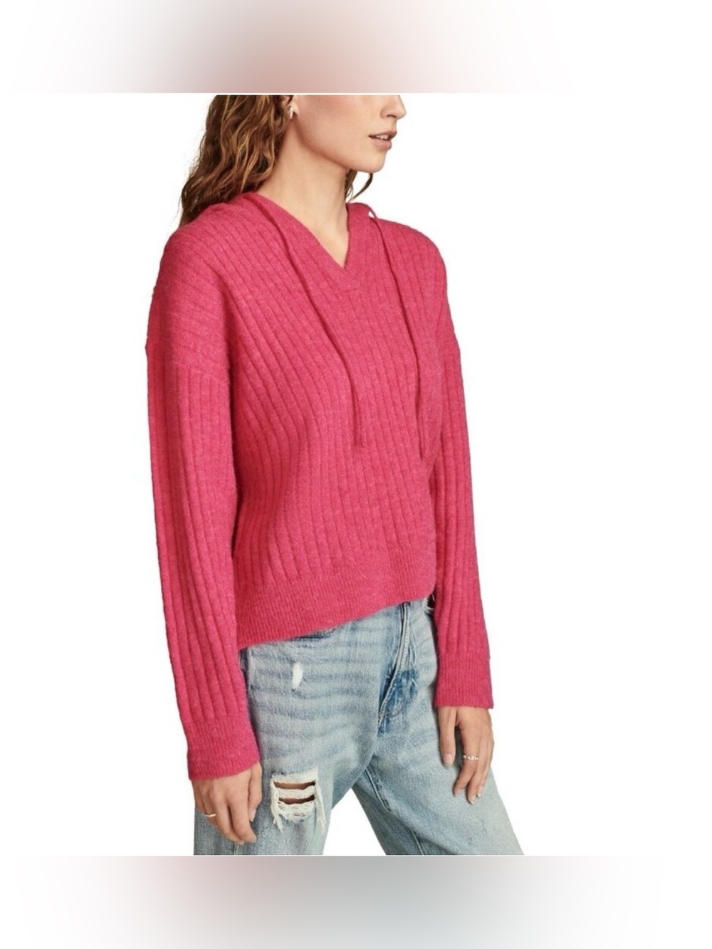 Lucky Brand Hot Pink Ribbed V-Neck Hoodie Sweater Size L